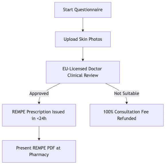 Diagrama de proceso que muestra Iniciar Cuestionario, luego Subir Fotos de la Piel, luego Revisión Clínica de Médico con Licencia de la UE, luego Receta REMPE Emitida en <24h, luego Reembolso del 100% de la Tarifa de Consulta