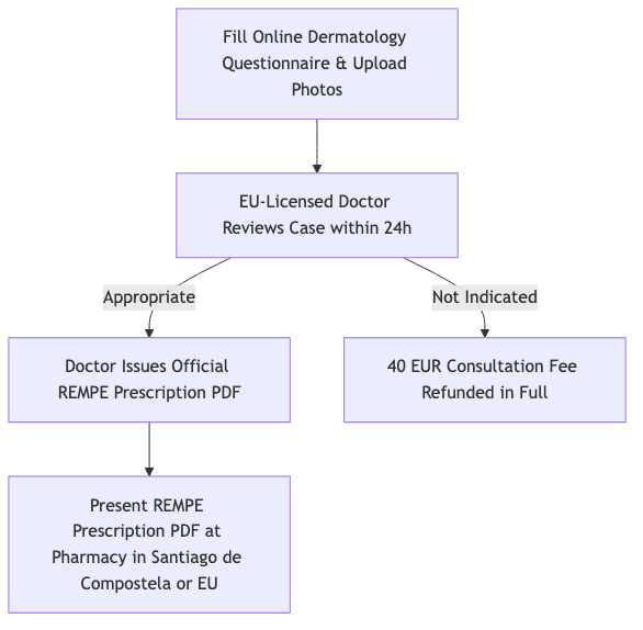 Process diagram showing Fill Online Dermatology Questionnaire & Upload Photos, then EU-Licensed Doctor Reviews Case within 24h, then Doctor Issues Official REMPE Prescription PDF, then 40 EUR Consultation Fee Refunded in Full, then Present REMPE Prescription PDF at Pharmacy in Santiago de Compostela or EU