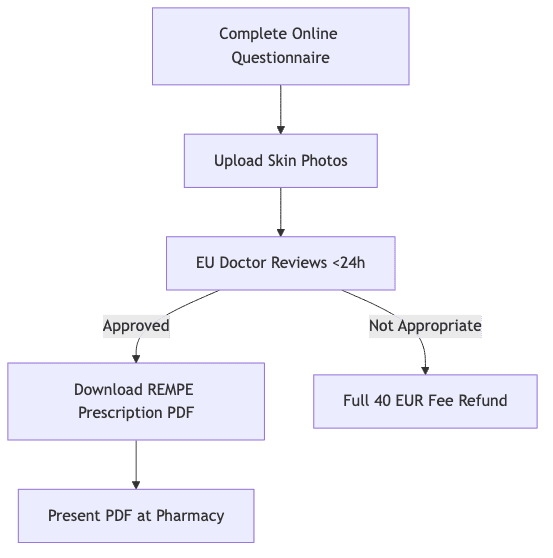 Process diagram showing Complete Online Questionnaire, then Upload Skin Photos, then EU Doctor Reviews <24h, then Download REMPE Prescription PDF, then Full 40 EUR Fee Refund