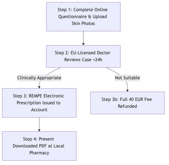 Process diagram showing Step 1: Complete Online Questionnaire & Upload Skin Photos, then Step 2: EU-Licensed Doctor Reviews Case <24h, then Step 3: REMPE Electronic Prescription Issued to Account, then Step 3b: Full 40 EUR Fee Refunded, then Step 4: Present Downloaded PDF at Local Pharmacy