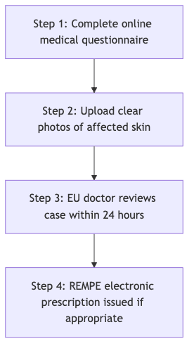 Process diagram showing Step 1: Complete online medical questionnaire, then Step 2: Upload clear photos of affected skin, then Step 3: EU doctor reviews case within 24 hours, then Step 4: REMPE electronic prescription issued if appropriate