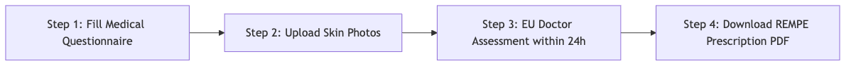 Process diagram showing Step 1: Fill Medical Questionnaire, then Step 2: Upload Skin Photos, then Step 3: EU Doctor Assessment within 24h, then Step 4: Download REMPE Prescription PDF