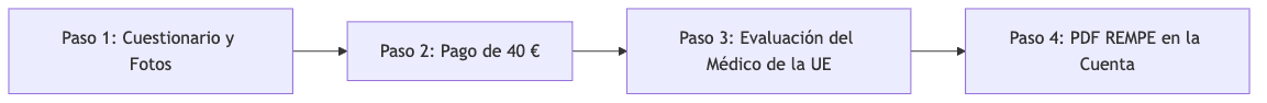 Process diagram showing Paso 1: Cuestionario y Fotos, then Paso 2: Pago de 40 €, then Paso 3: Evaluación del Médico de la UE, then Paso 4: PDF REMPE en la Cuenta