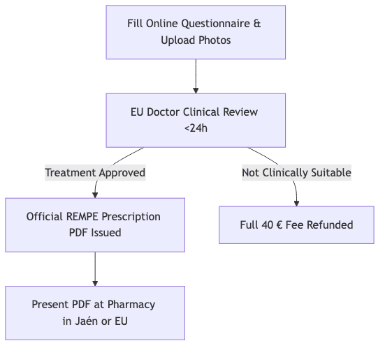 Diagrama de proceso que muestra Rellenar Cuestionario Online y Subir Fotos, luego Revisión Clínica de Médico de la UE <24h, luego Emisión de Receta Oficial REMPE en PDF, luego Reembolso Completo de la Tarifa de 40 €, luego Presentar PDF en Farmacia en Jaén o la UE