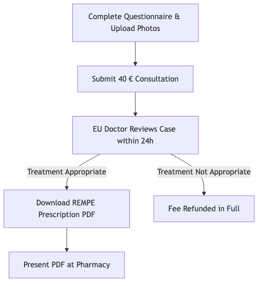Process diagram showing Complete Questionnaire & Upload Photos, then Submit 40 € Consultation, then EU Doctor Reviews Case within 24h, then Download REMPE Prescription PDF, then Fee Refunded in Full