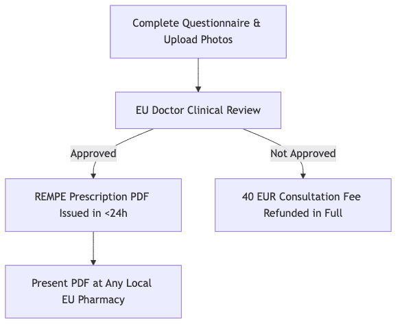 Process diagram showing Complete Questionnaire & Upload Photos, then EU Doctor Clinical Review, then REMPE Prescription PDF Issued in <24h, then 40 EUR Consultation Fee Refunded in Full, then Present PDF at Any Local EU Pharmacy