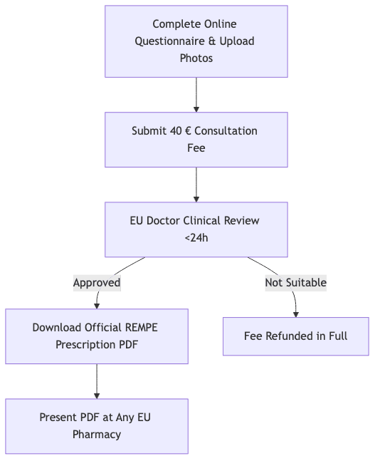 Process diagram showing Complete Online Questionnaire & Upload Photos, then Submit 40 € Consultation Fee, then EU Doctor Clinical Review <24h, then Download Official REMPE Prescription PDF, then Fee Refunded in Full