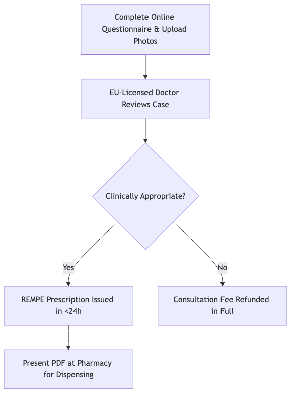 Process diagram showing Complete Online Questionnaire & Upload Photos, then EU-Licensed Doctor Reviews Case, then Clinically Appropriate?, then REMPE Prescription Issued in <24h, then Consultation Fee Refunded in Full