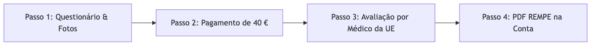 Process diagram showing Passo 1: Questionário & Fotos, then Passo 2: Pagamento de 40 €, then Passo 3: Avaliação por Médico da UE, then Passo 4: PDF REMPE na Conta