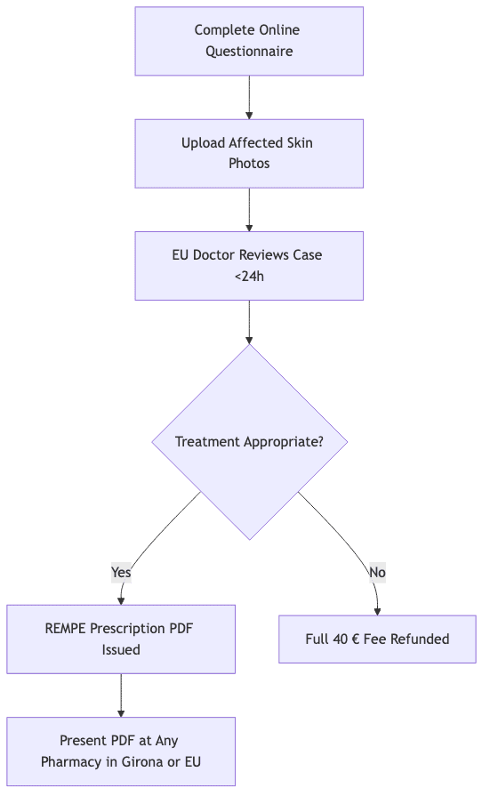 Diagrama de processo mostrando Preencher Questionário Online, depois Carregar Fotos da Pele Afetada, depois Médico da UE Revisa o Caso <24h, depois Tratamento Apropriado?, depois Receita REMPE Emitida