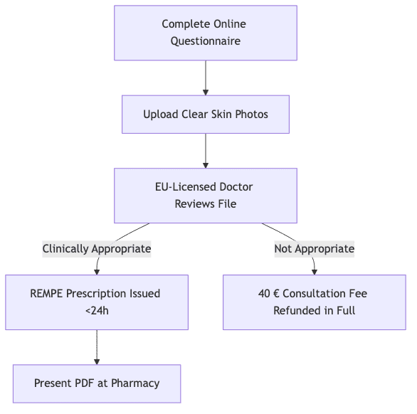 Process diagram showing Complete Online Questionnaire, then Upload Clear Skin Photos, then EU-Licensed Doctor Reviews File, then REMPE Prescription Issued <24h, then 40 € Consultation Fee Refunded in Full