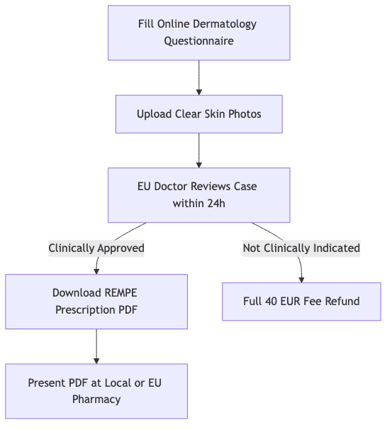 Process diagram showing Fill Online Dermatology Questionnaire, then Upload Clear Skin Photos, then EU Doctor Reviews Case within 24h, then Download REMPE Prescription PDF, then Full 40 EUR Fee Refund