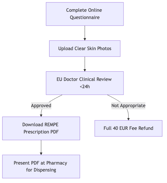 Process diagram showing Complete Online Questionnaire, then Upload Clear Skin Photos, then EU Doctor Clinical Review <24h, then Download REMPE Prescription PDF, then Full 40 EUR Fee Refund