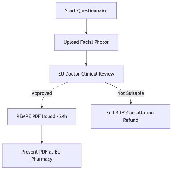 Process diagram showing Start Questionnaire, then Upload Facial Photos, then EU Doctor Clinical Review, then REMPE PDF Issued <24h, then Full 40 € Consultation Refund