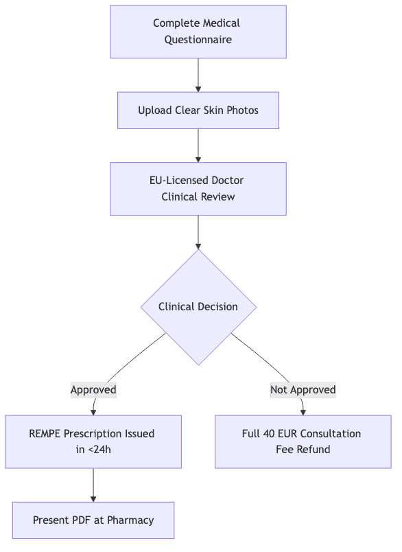 Process diagram showing Complete Medical Questionnaire, then Upload Clear Skin Photos, then EU-Licensed Doctor Clinical Review, then Clinical Decision, then REMPE Prescription Issued in <24h