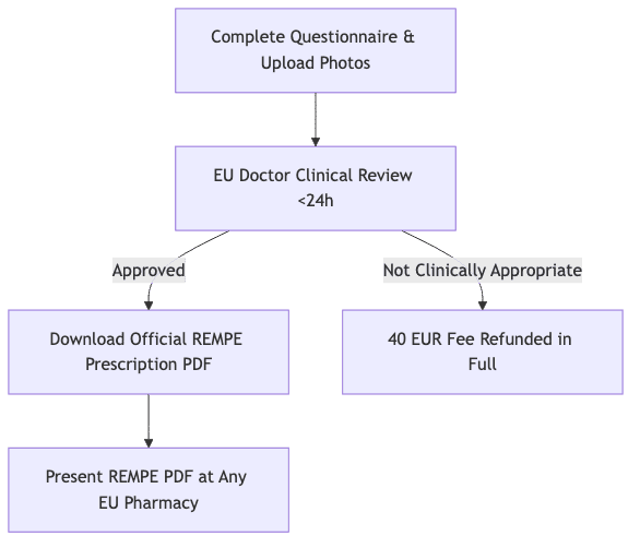 Process diagram showing Complete Questionnaire & Upload Photos, then EU Doctor Clinical Review <24h, then Download Official REMPE Prescription PDF, then 40 EUR Fee Refunded in Full, then Present REMPE PDF at Any EU Pharmacy